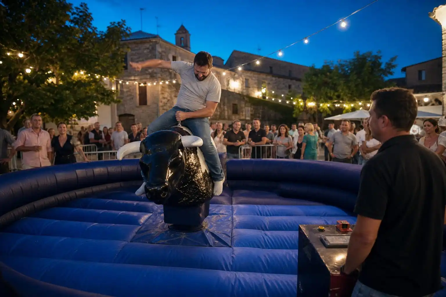 Taureau mécanique lors d’une fête de village en soirée